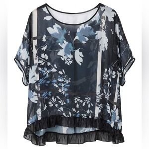 Clover Canyon Sheer Floral Ruffle-Hem Top in Black, Blue & White